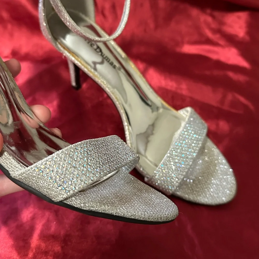 Silver Rhinestone Stiletto Heels with Ankle Straps size 7M 3” heel
